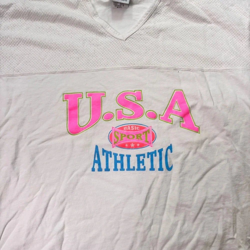 Vintage Fashion Bug USA Athletic Jersey Top Womens 14/16 White V-Neck